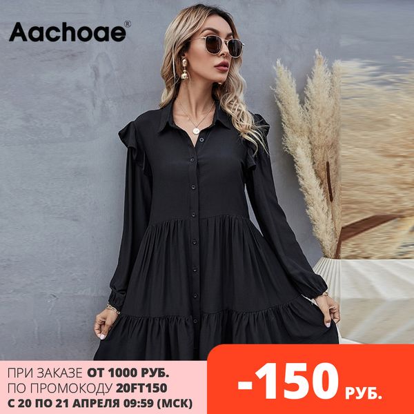 

summer autumn women black dress ruffles long sleeve elegant shirt dress loose casual pleated mini dress sundress robe, Black;gray