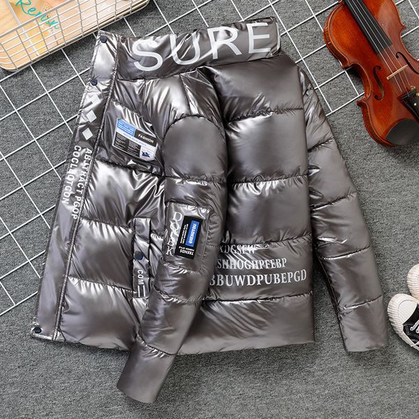 

winter men hooded parkas windbreaker fashion thermal coats mens thick warm glossy silver jackets brand outwear men clothing, Black