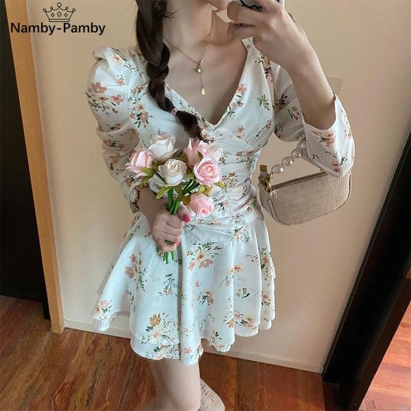 

casual dresses 2021 summer puff long sleeve floral dress one piece korean a-line white for women plus size v neck ruffles kawaii, Black;gray