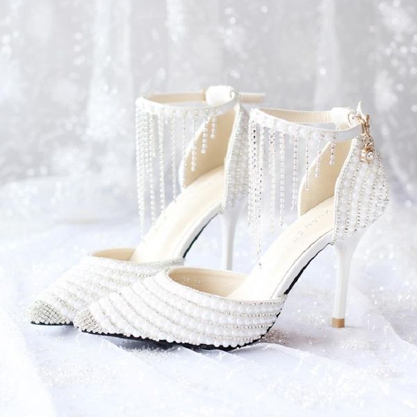 

crystal fringed wristband wedding shoes white pearl bridal pointed fine with pos 2021 summer sandals women1, Black