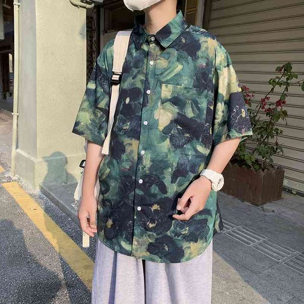 

men's casual shirts summer ice silk printed korean fashion loose harajuku streetwear short-sleeved men -2xl 6uv2, White;black