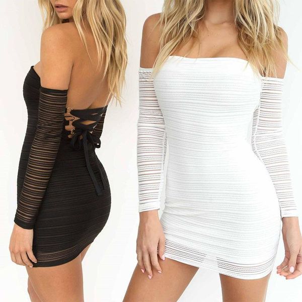 

fashion elegant summer dress women ladies long sleeve off shoulder slash neck skinny solid back bandage mini casual dresses, Black;gray