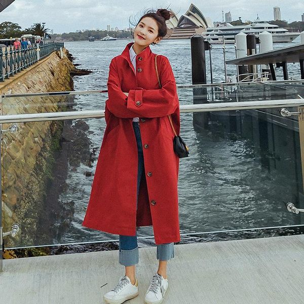 

women's trench coats [ewq] solid windbreaker women single breasted stand collar middle long loose over the knee chic red coat 2021 autu, Tan;black
