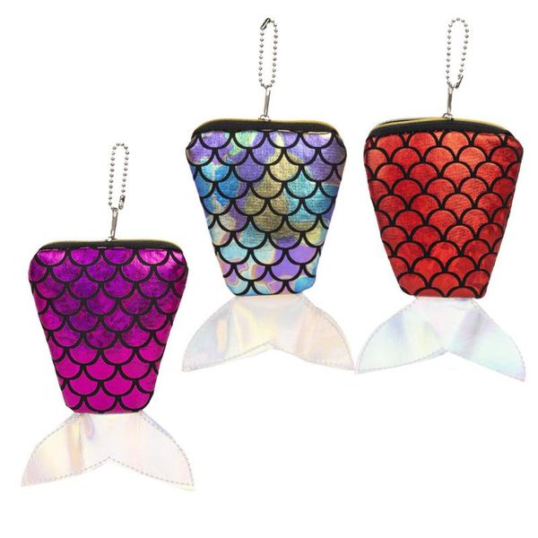 

creative sequins key coin bag mermaid printing two-color purse sequined for kids lady (red + color rose pencil bags