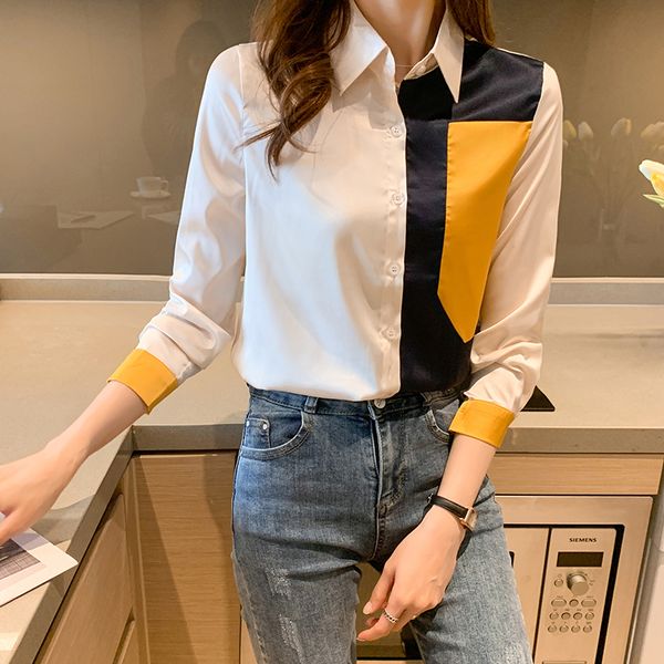 

design korean silk women shirts woman satin blouse shirt women long sleeve silk shirts plus size office lady satin patchwork, White