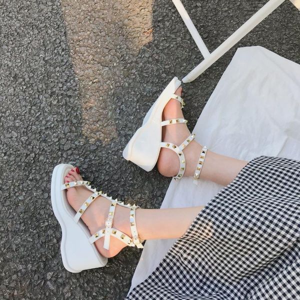 

sandals women shoes 2021 fashion casual buckle square head rivet slippers outdoor designer comfortable high-heeled platform, Black