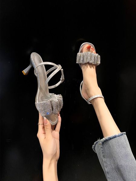 

sandals rhinestone black shoes for women 2021 summer buckle strap high heels med stiletto beige girls comfort high-heeled fa