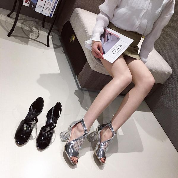 

boots spring summer crystal sandals peep toe hollow bling rhinestone air mesh transparent thick high heels back zip uflm, Black