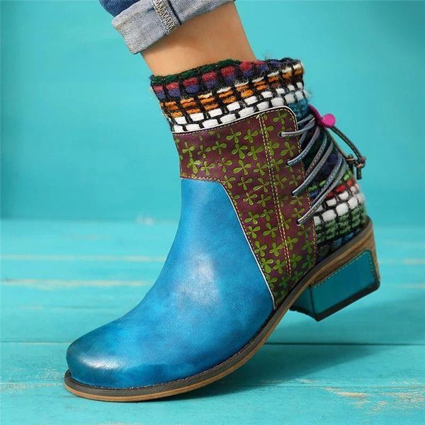 

boots vintage ankle biker women thick high heels western cowboy short female blue leather shoes for lady autumn winter, Black