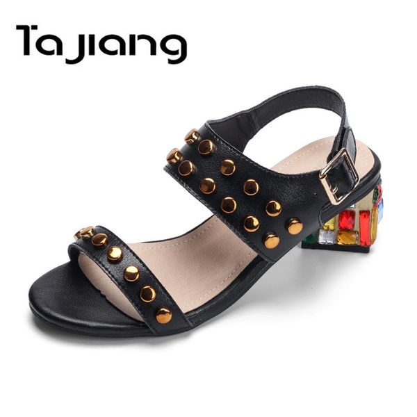 

ta jiang genuine leather cow suede women high heels party gladiator sandals ladies fashion gold rivets dress shoes woman, Black