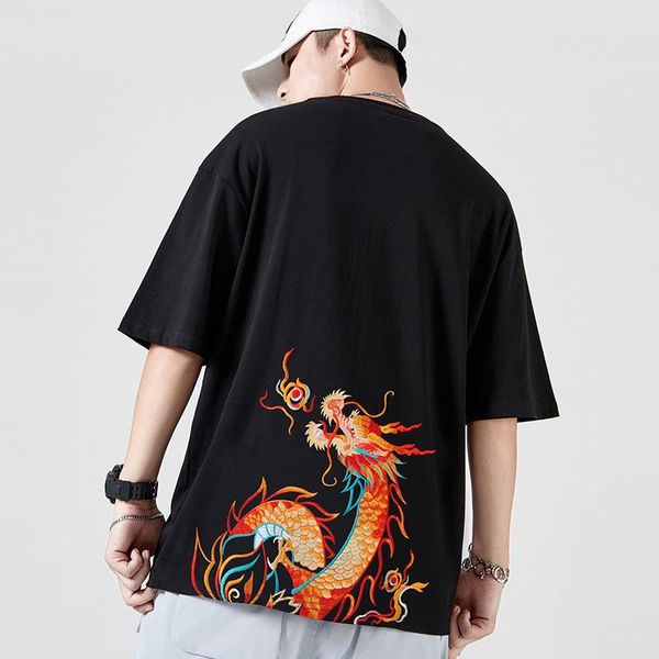 

men's t-shirts summer style chinese dragon totem tide brand loose cotton round neck short-sleeved t-shirt casual half-sleeved, White;black