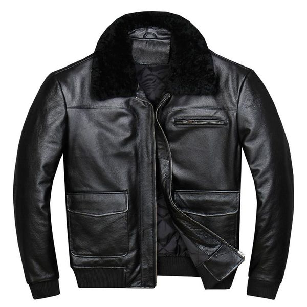 

men's leather & faux zvaqs genuine jacket men autumn winter sheepskin coat pilot bomber wool collar short real 818 pph1038, Black