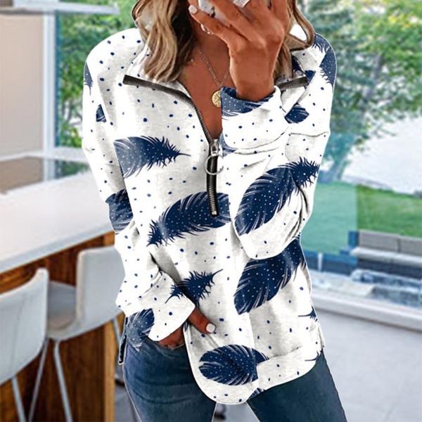 

women's t-shirt fashsiualy feathers zipper t-shirts 2021 fashion loose casual lapel long sleeve stripe high street, White
