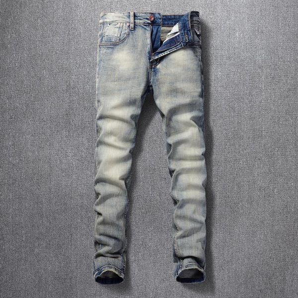 

men's jeans european vintage fashion men elastic cotton slim fit casual designer distressed retro denim pants, Blue