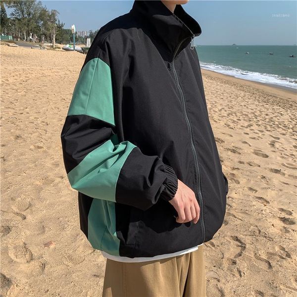 

men's jackets autumn fashion patchwork color jacket men loose casual clothing 2021 simple stand collar oversized coats plus size 5xl-m, Black;brown