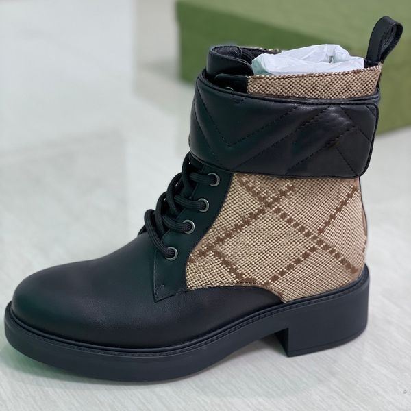 

women's ankle boot with double g martin desert boots monogram genuine leather quilted lace-up winter shoes rubber lug sole 001, Black