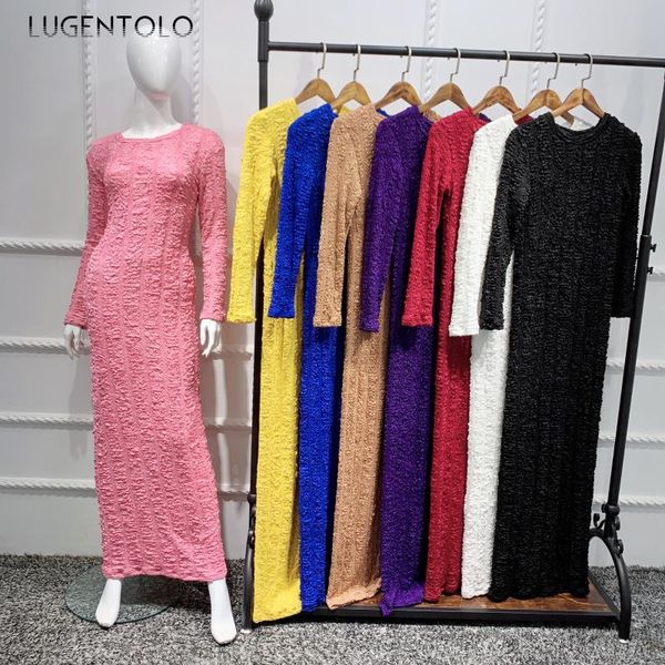 

casual dresses lugentolo women dress fashion autumn winter simple bottoming super elastic slim round neck female long, Black;gray