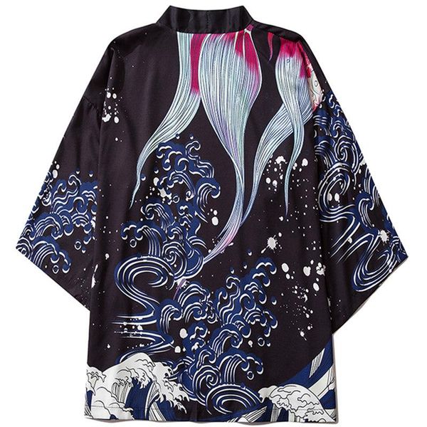 

women black waves kimono shirt streetwear yukata men japanese cardigan samurai blouse haori obi clothing jacket ethnic, Red