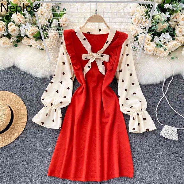 

neploe knitted woman dress sweet bow v neck love print puff sleeve vestidos patchwork sweet ruffles midi dresses for women 94665 210422, Black;gray