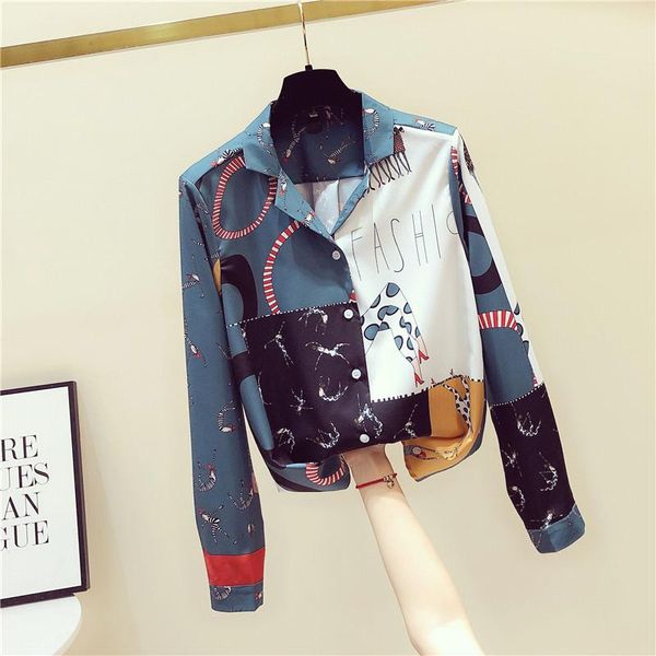 

women's blouses & shirts spring autumn women fashion contrast color shirt korean retro printed casual loose female office long-sleeved, White