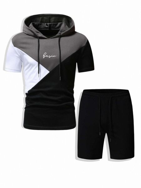 

men letter colorblock hooded tee & shorts 60qg#, Gray
