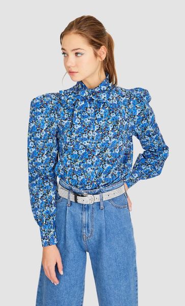 

women's blouses & shirts 2021 spring summer british style neckline knot print blue zaraing women blouse shirt sheining vadiming female, White
