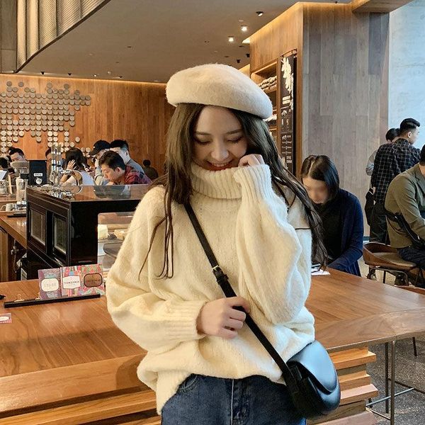 

women's sweaters thickened high neck sweater female students' autumn and winter loose solid color knitted bottoming shirt versatil, White;black