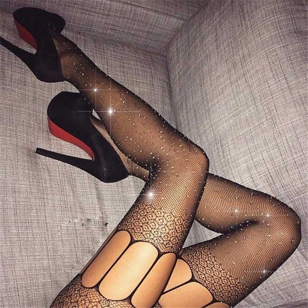 Sexy strass collants meias malha meia-calça feminina em uma grade mulheres bling tenseiras slim festa clube hosiery sheer nylon sw149 x0521