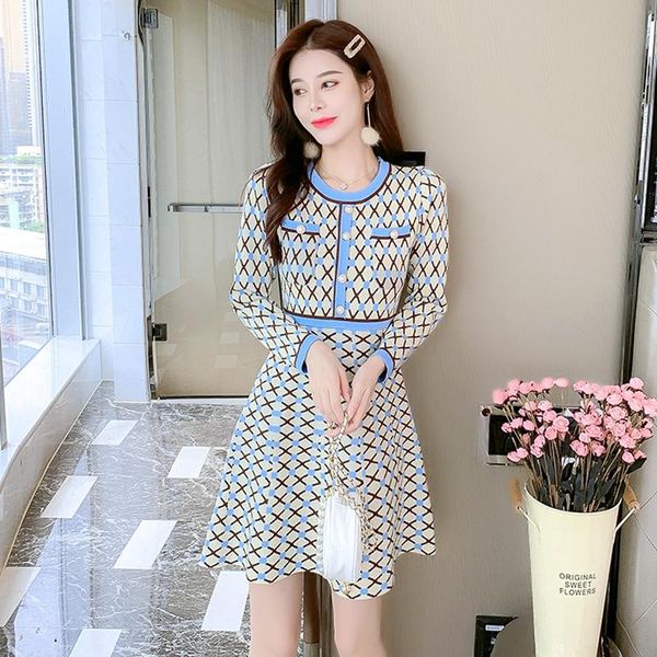 

casual dresses elegant party mini women autumn 2021 slim vintage long sleeve office korean fashion knit dress ladies, Black;gray