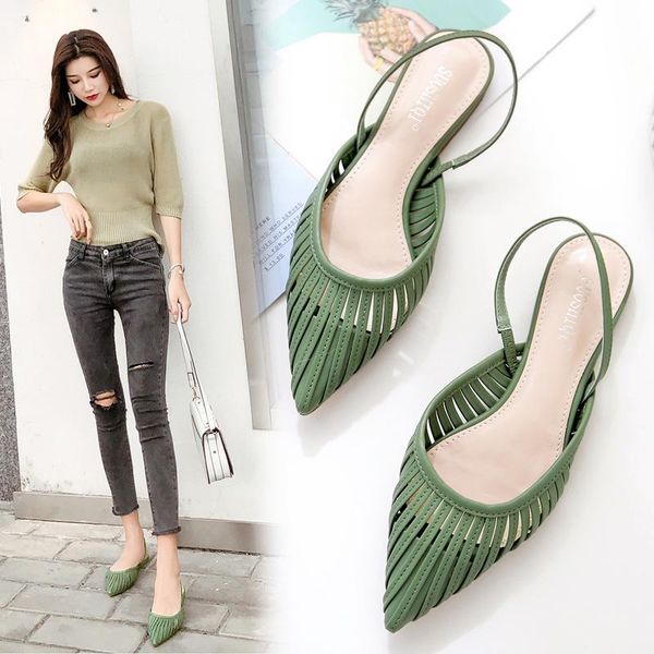 

sharp shallow mouth small fresh weave flat bottom elastic woman sandals, Black