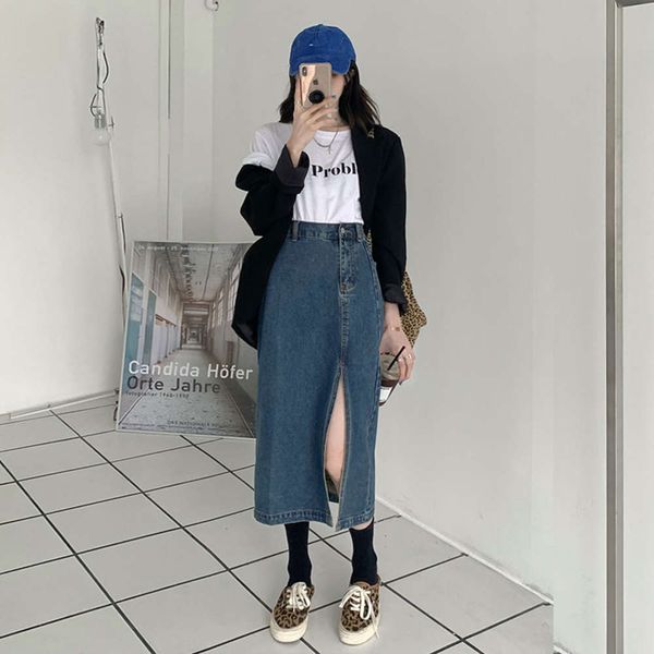 

party dresses denim half women's 2021 split high waist summer slim mid length a-line skirt i7ea, White;black