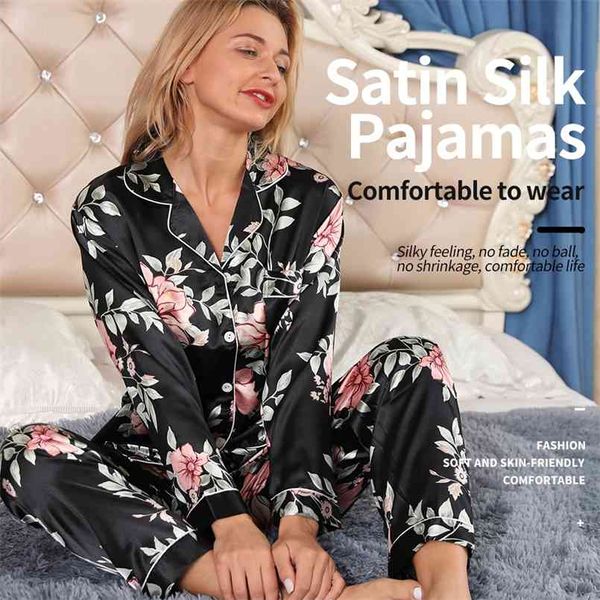 Женщины Pajamas Набор Пижама зима с длинным рукавом Mujer Pijamas Nuisette сексуальное женское белье Ночная одежда Silk Satin Pajamas PJS костюм 2 шт. 210809