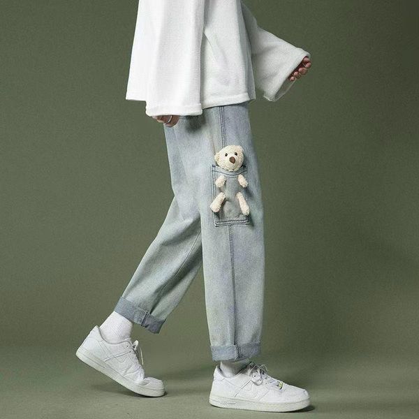 

men's jeans 2021 korean fashion trend casual panst students' 9-point loose straight pants bear decoration trousers size s-3xl, Blue