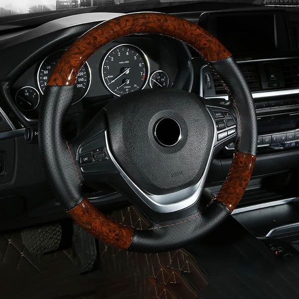 

steering wheel covers universal mahogany wood leather car soft fit 37cm 38cm auto interior decoration accessories