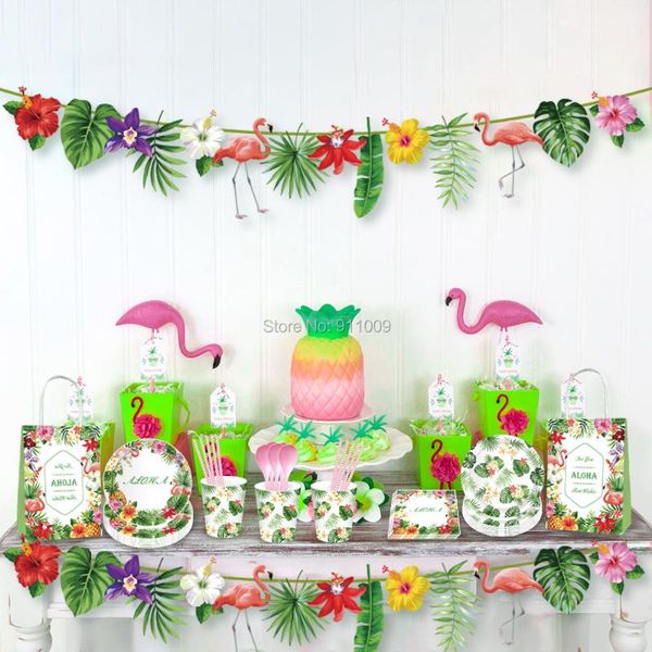 

disposable dinnerware hawaii party tableware sets summer flamingo theme decorations flower plates supplies mm005