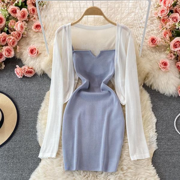 

casual dresses v-neck mini short knitted spaghetti strap dress and long sleeve sunscreen blouse shawl women's two-piece office suit, Black;gray