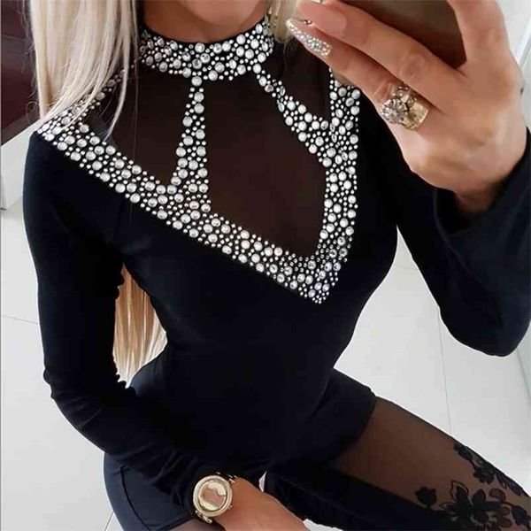 

hollow out rhinestone tees women long sleeve mesh t-shirt spring autumn slim fit womens black shirt camiseta mujer d30 210406, White