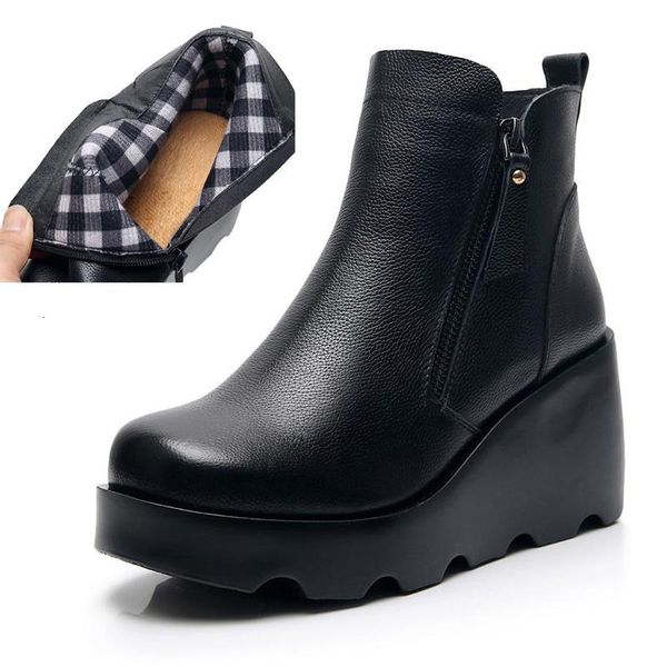 

boots timetang short woman national style retro women winter wedge leather with chunky sole flat shoe1 sbng, Black