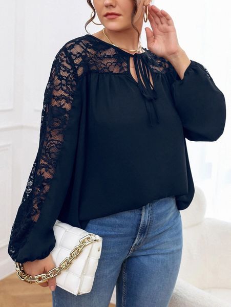 

plus tie neck contrast lace blouse o8vx#, Black