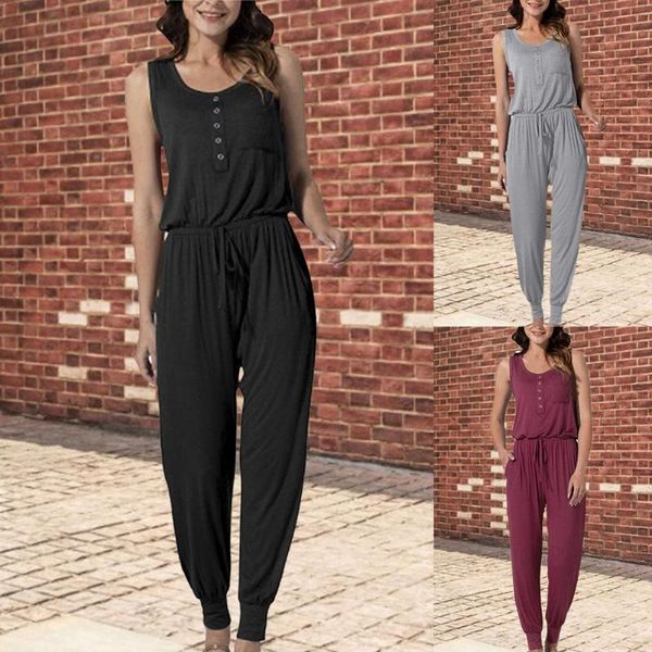 

women's pants & capris ladies jumpsuit sleeveless one piece elastic waist drawstring solid color romper o neck vest loose pajamas plays, Black;white