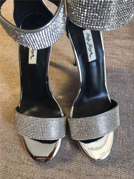 

real po luxura genuine leather fashion women silver patent crystal strappy high heels ankle sandals shoes 10cm, Black