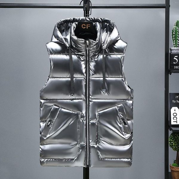 

women's vests 2021 fashion mens winter hooded short bright color vest cotton padded jacket sleeveless female waistcoat, Black;white