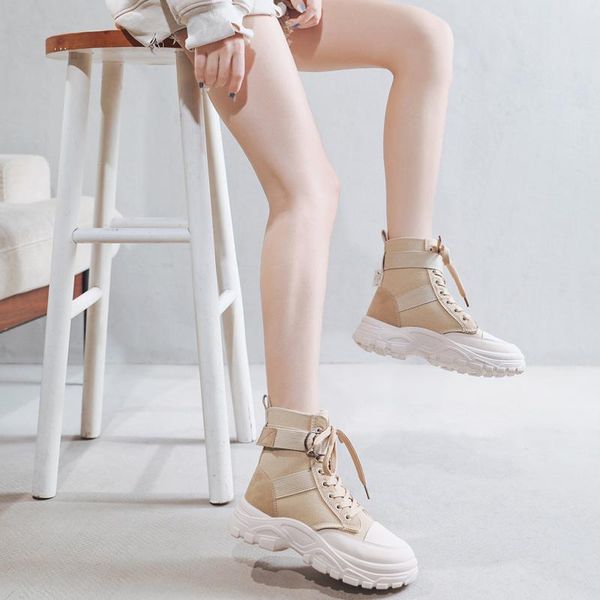 

boots women girl snow korean british style woman leather sneakers casual high women's boot trend, Black