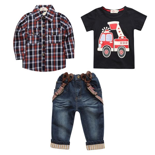 Jungen-Jeans-Set, 3-teilig, kariertes Hemd, Overall, Feuerwehrauto, T-Shirt, Jeans, Hosen, Hosenträger, Kinderkleidung, Auto-Outfit, Hose, Anzüge 210413