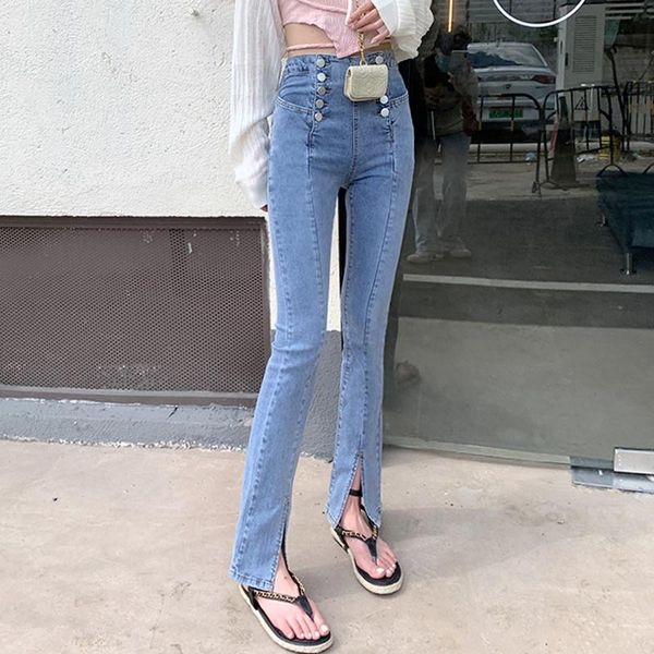 

women's jeans autumn/winter split straight slim fit spring autumn 2021 chic hong kong style high waist micro horn pants, Blue