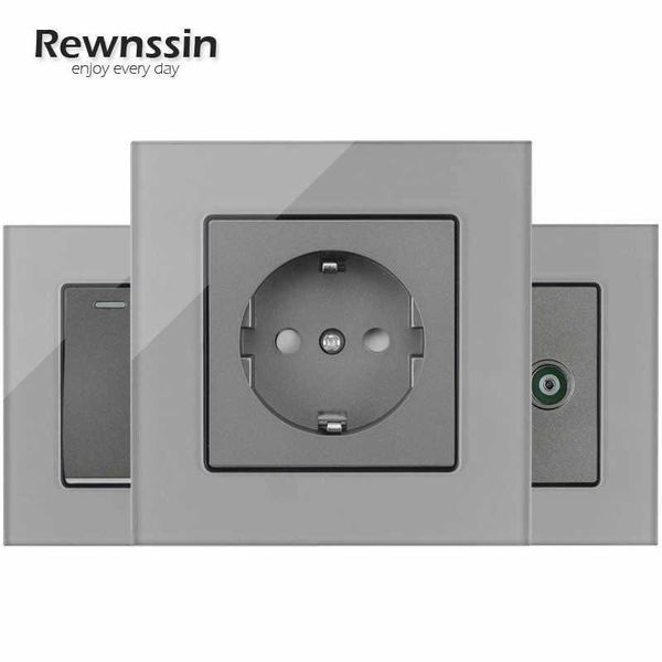 

rewnssin luxury light switch crystal tempered glass push botton wall switches 220v rj45 jack gray usb socket
