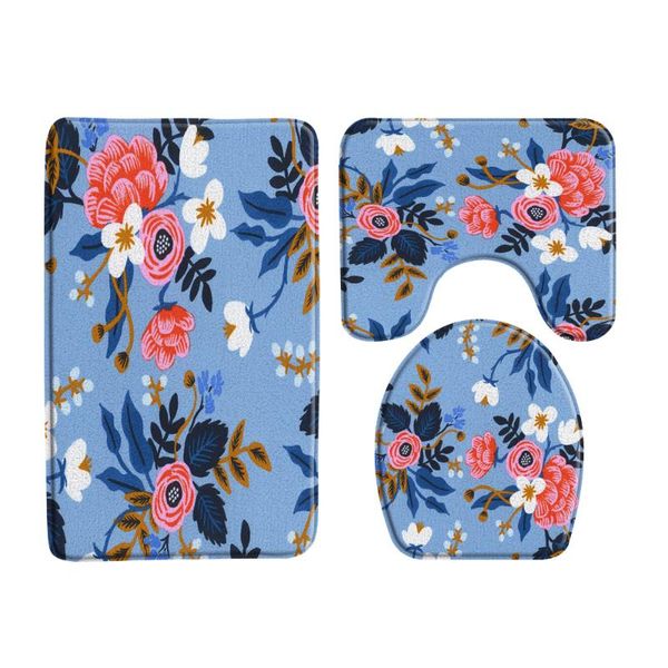 

bath mats plant flowers printing mat 3pcs set home entrance door floor toilets rug carpet blue background bathroom products