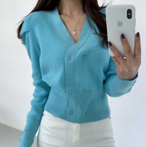 

women's knits & tees cbafu solid puff sleeve sweater for women knitted cardigans double breasted v neck spring autumn runway jumper kn, White