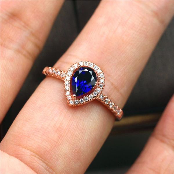

wedding rings simple female crystal water drop ring rose gold silver color engagement charm blue zircon stone for women, Slivery;golden