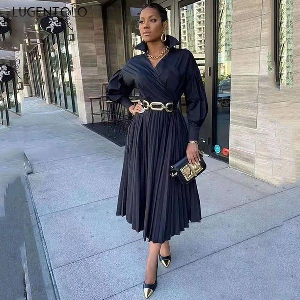 

casual dresses women elegant dress lapel black pleated slim long sleeve female big swing street fashion lugentolo, Black;gray